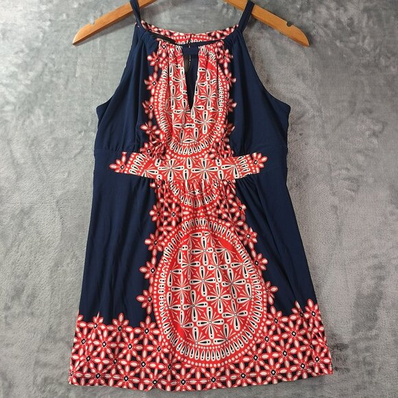 INC Womens Sleeveless Keyhole Tunic Top M Navy Red Geometric Stretch Embellished - Picture 1 of 10